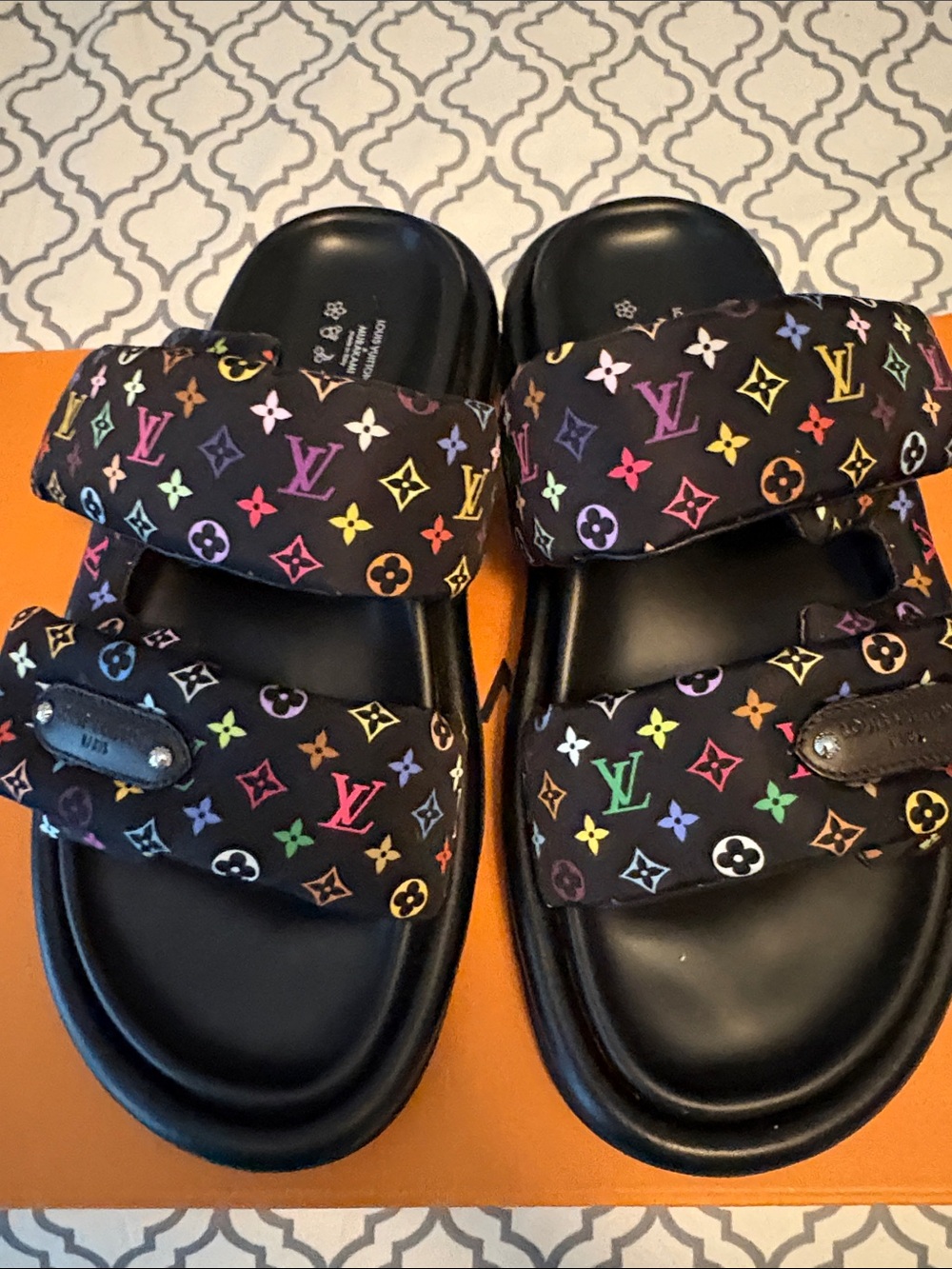 Louis Vuitton Black Slides with Multicolor Monogram Print